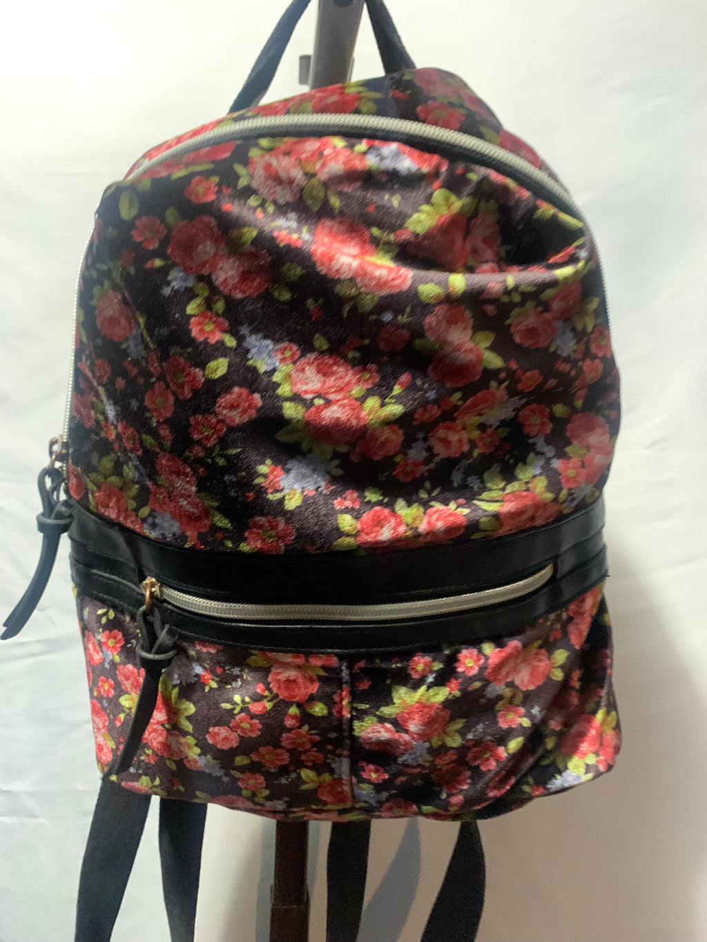 T-Shirt & Jeans Floral Velvet Mini Backpack - Black Faux Leather Trim
