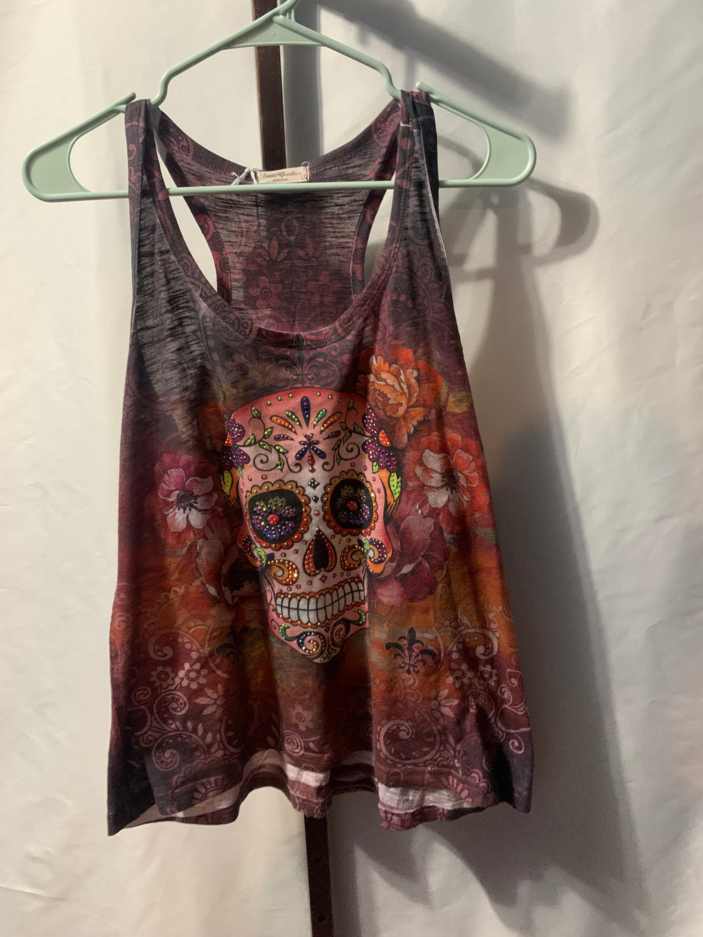 Sweet Gisele sugar skull tank top with floral and ornamental designs, size L #sugar #skull