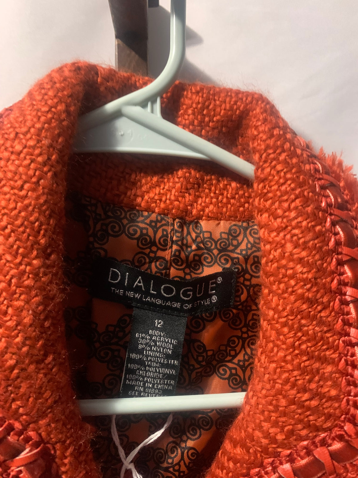 Dialogue Orange tweed jacket with fringe detail, size 12. Acrylic, nylon & polyester blend. #tweed #fringe