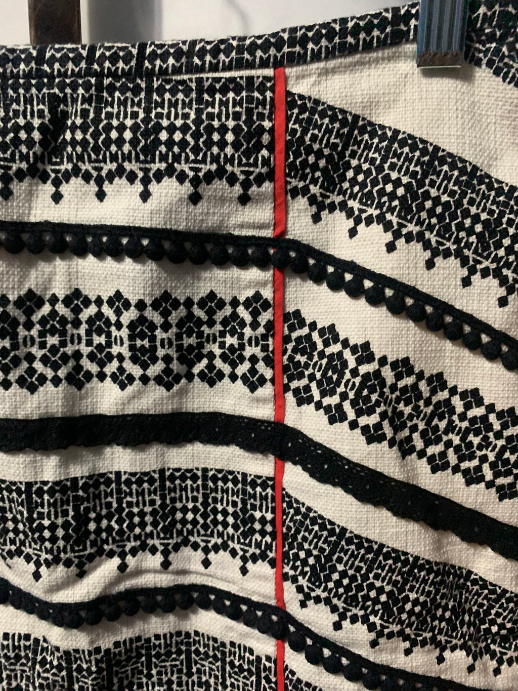 Tabitha Skirt Black and white geometric pattern with red vertical stripes.Cotton & acetate
#tabitha #geometric
