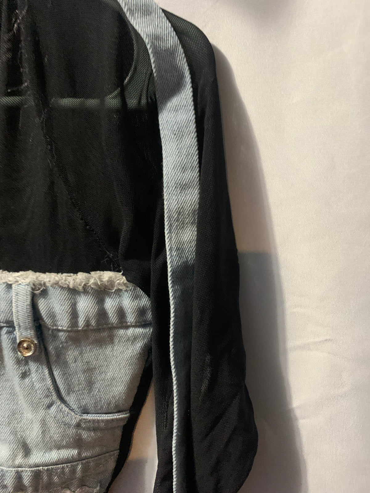 Black mesh bodysuit with blue denim panel #mesh #denim