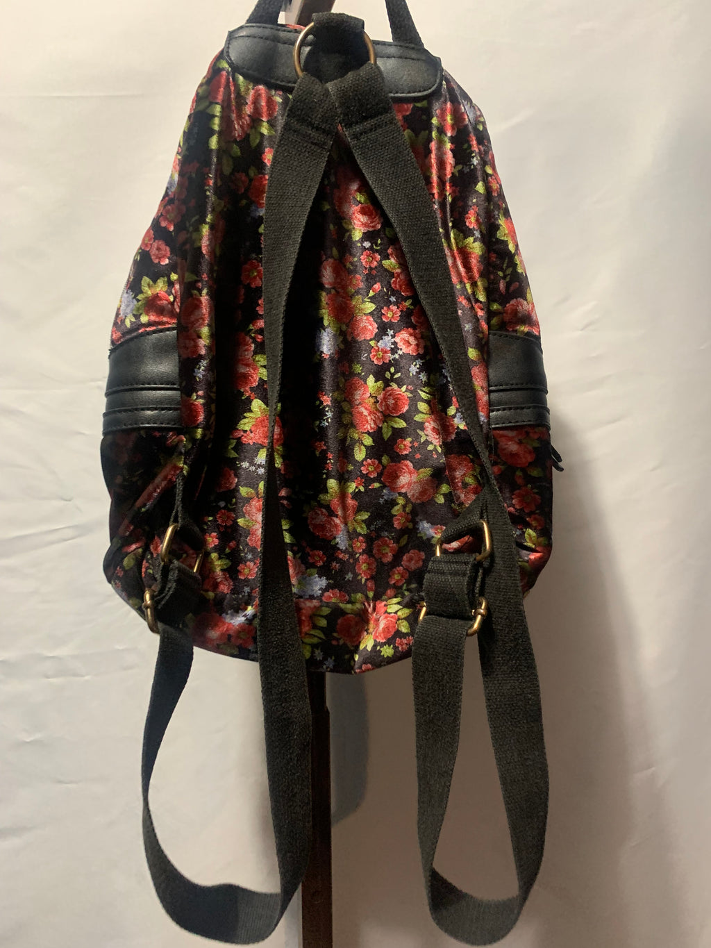 T-Shirt & Jeans Floral Velvet Mini Backpack - Black Faux Leather Trim