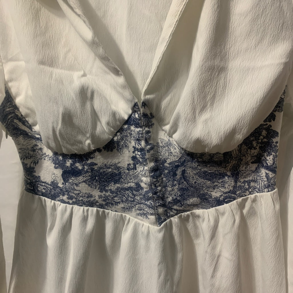 Cider White & blue floral mini dress with blue floral lace panel at the bust #floral #mini