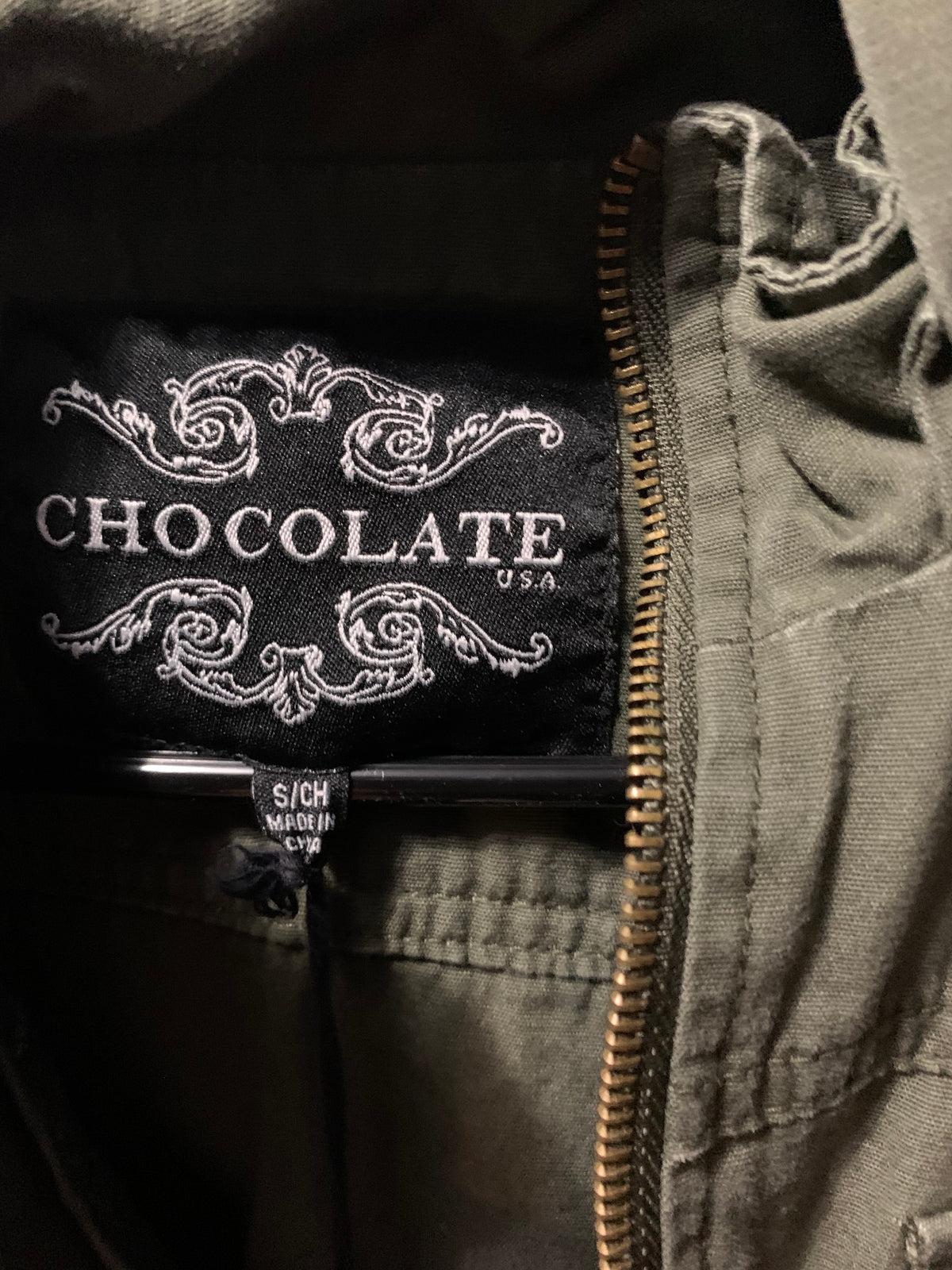 Chocolate USA olive green military jacket with adjustable waist and multiple pockets #military #utility