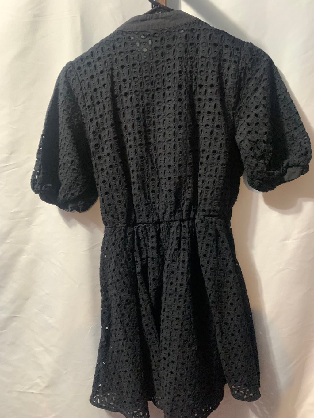 Nine West black eyelet mini dress with button front, size S #mini #eyelet