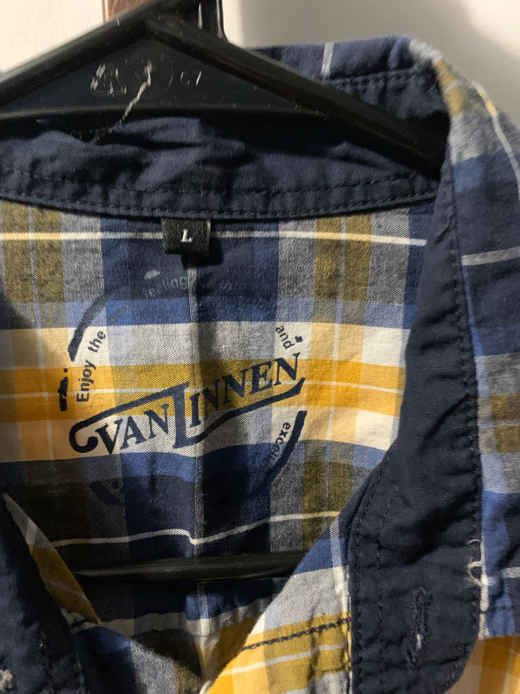 Van Linnen yellow and blue plaid flannel shirt in size L #flannel #plaid