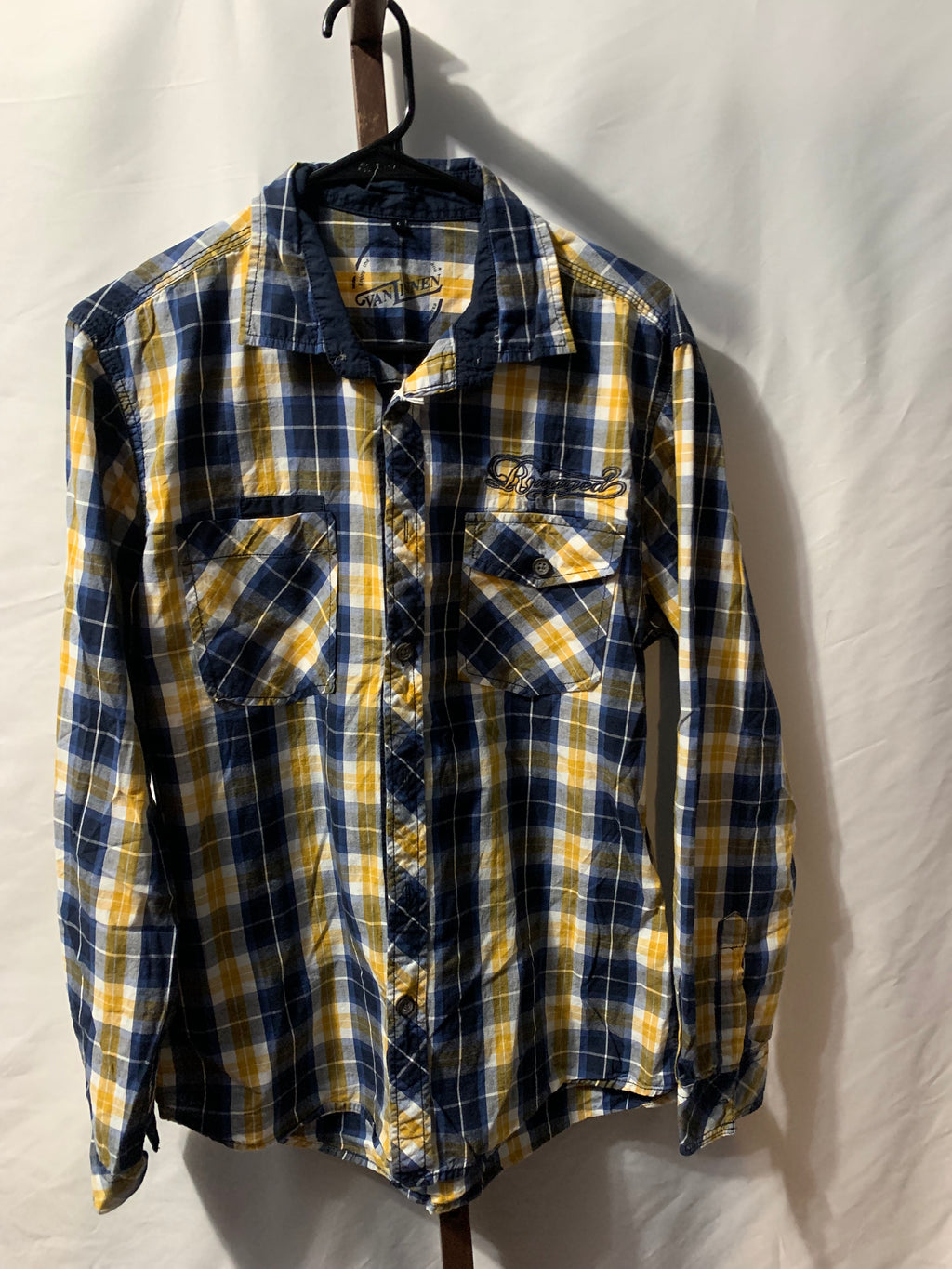 Van Linnen yellow and blue plaid flannel shirt in size L #flannel #plaid
