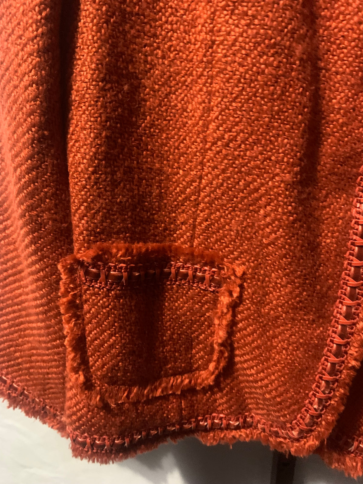 Dialogue Orange tweed jacket with fringe detail, size 12. Acrylic, nylon & polyester blend. #tweed #fringe