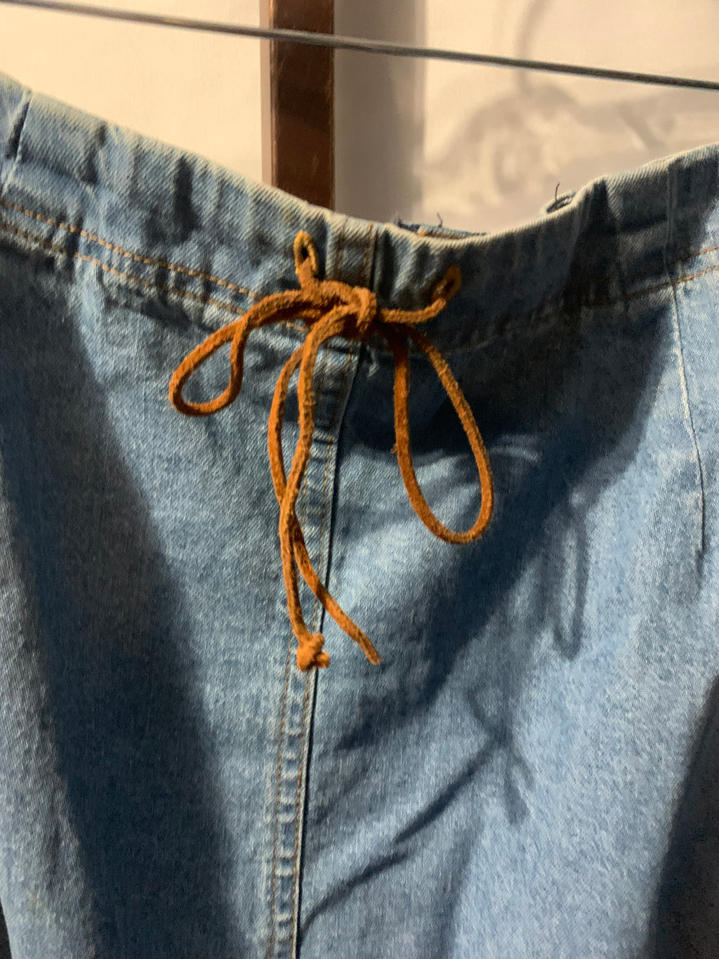 Vintage Studio blue denim skirt with brown drawstring waist  #denim