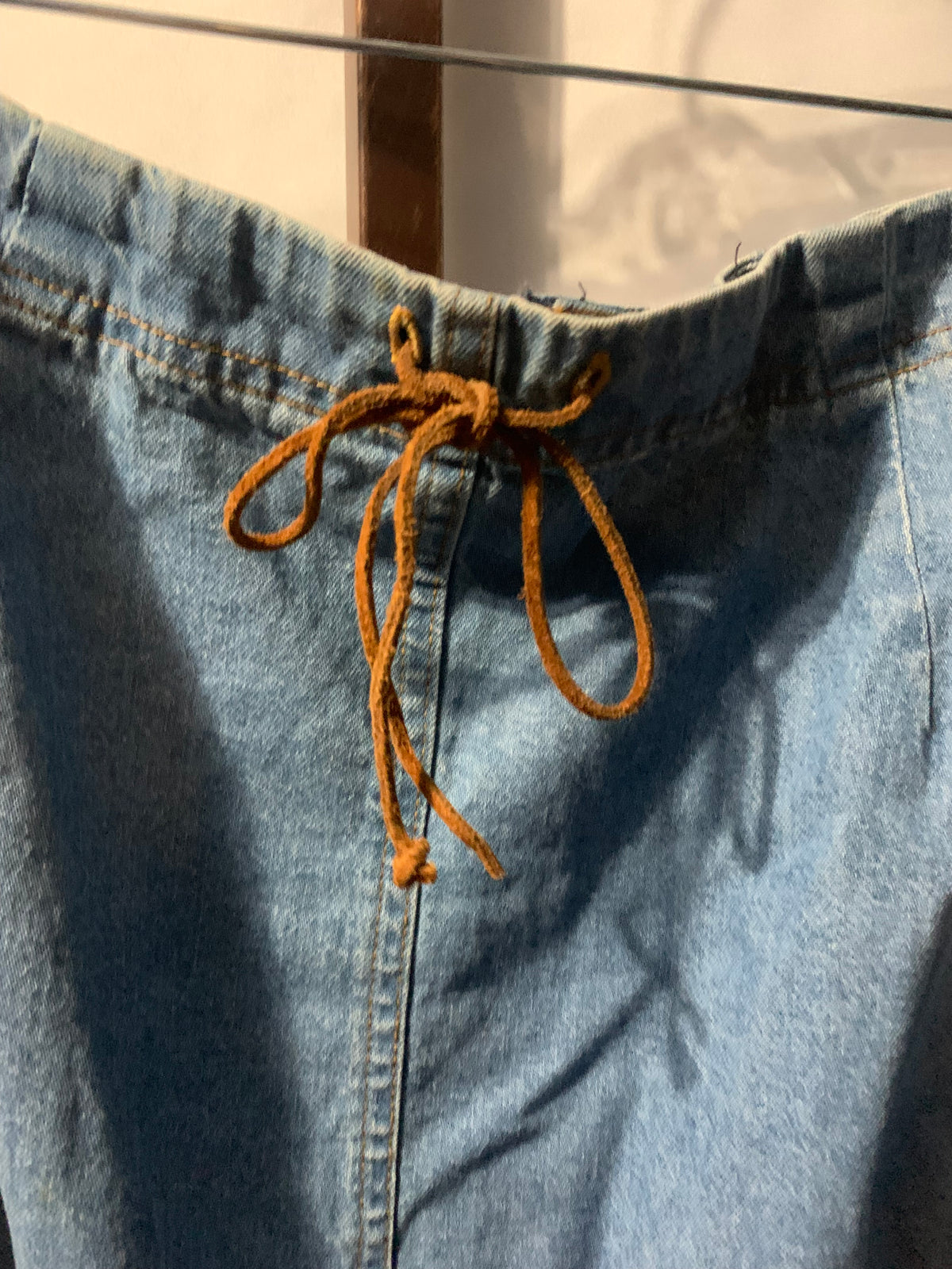 Vintage Studio blue denim skirt with brown drawstring waist  #denim