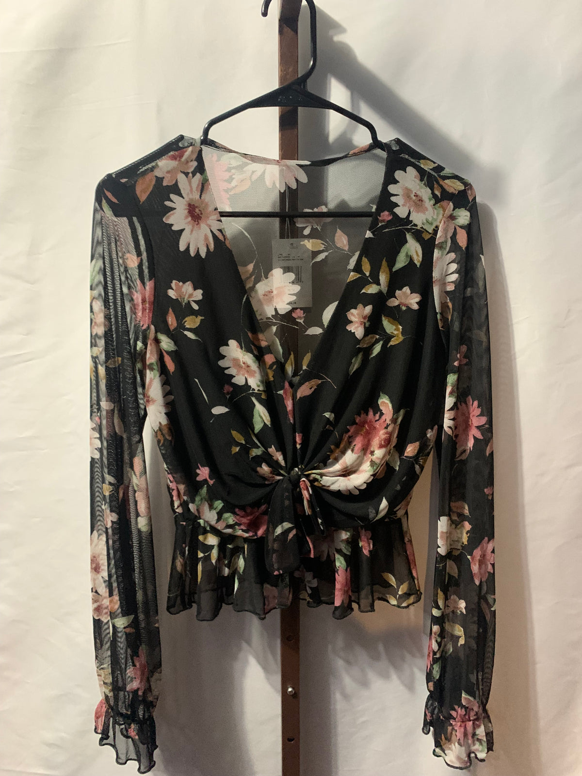 Guess black floral blouse with pink/white flowers, size M #guess #floral