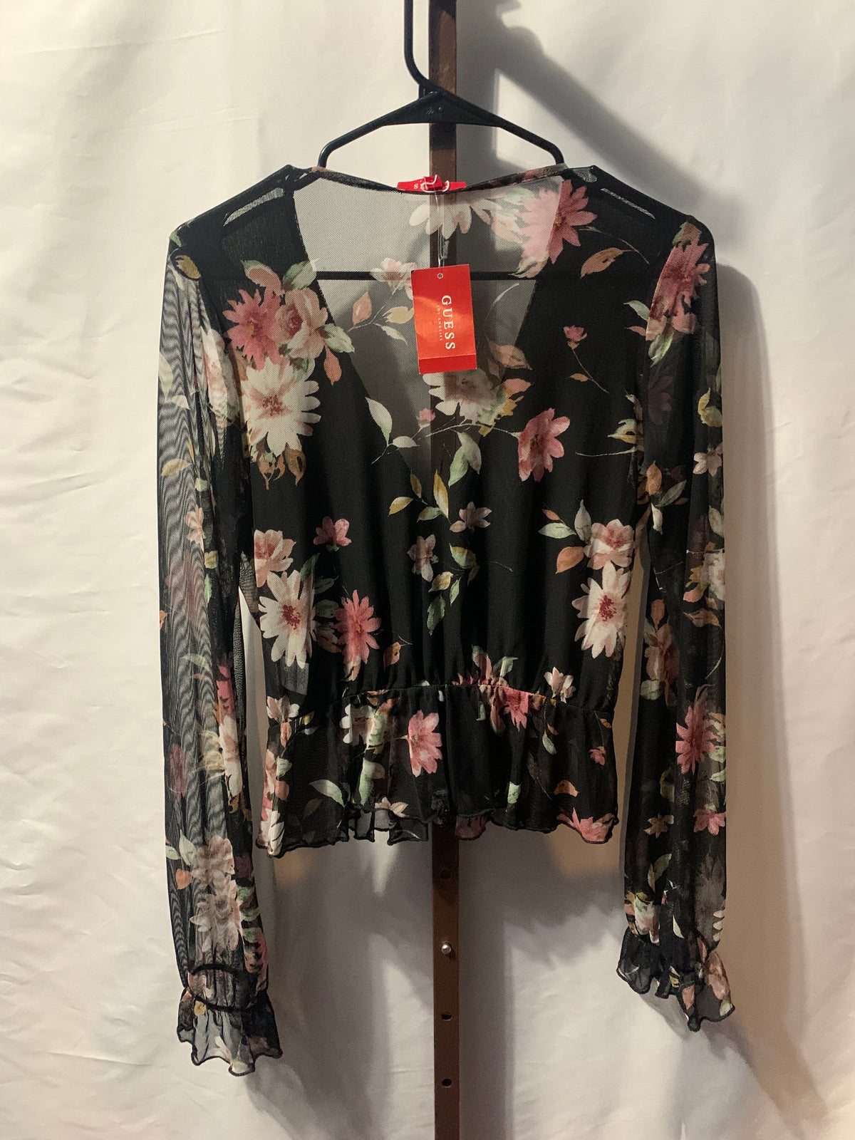 Guess black floral blouse with pink/white flowers, size M #guess #floral
