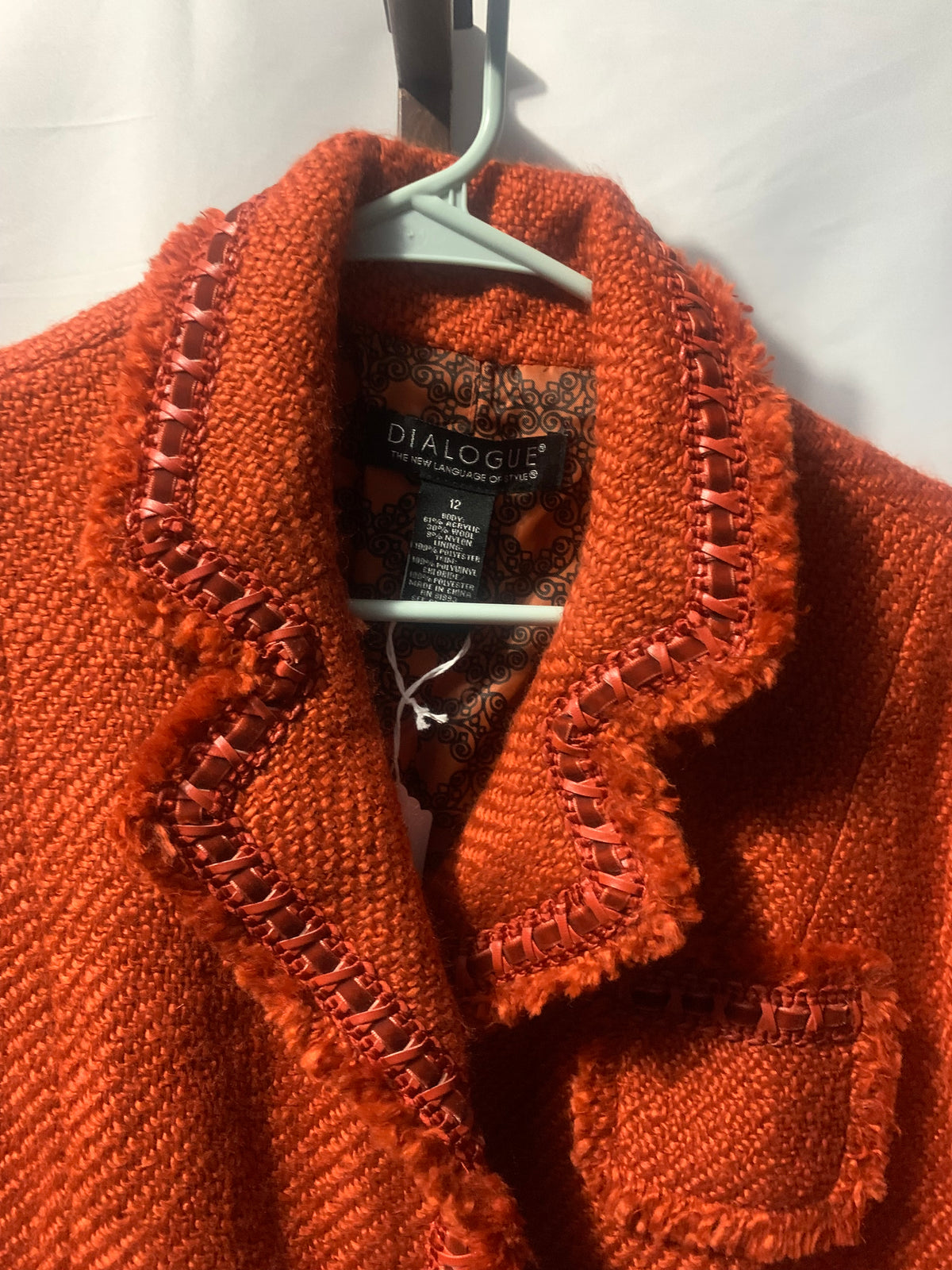 Dialogue Orange tweed jacket with fringe detail, size 12. Acrylic, nylon & polyester blend. #tweed #fringe