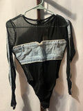 Black mesh bodysuit with blue denim panel #mesh #denim