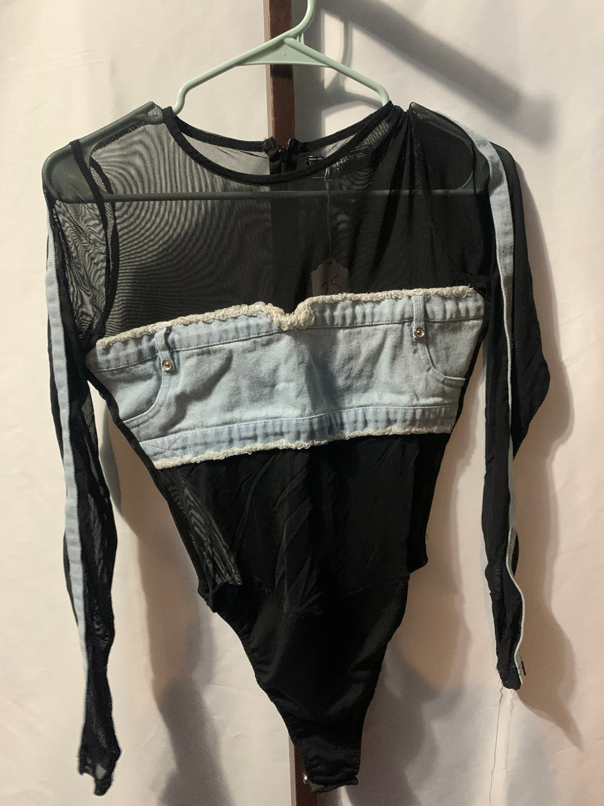 Black mesh bodysuit with blue denim panel #mesh #denim
