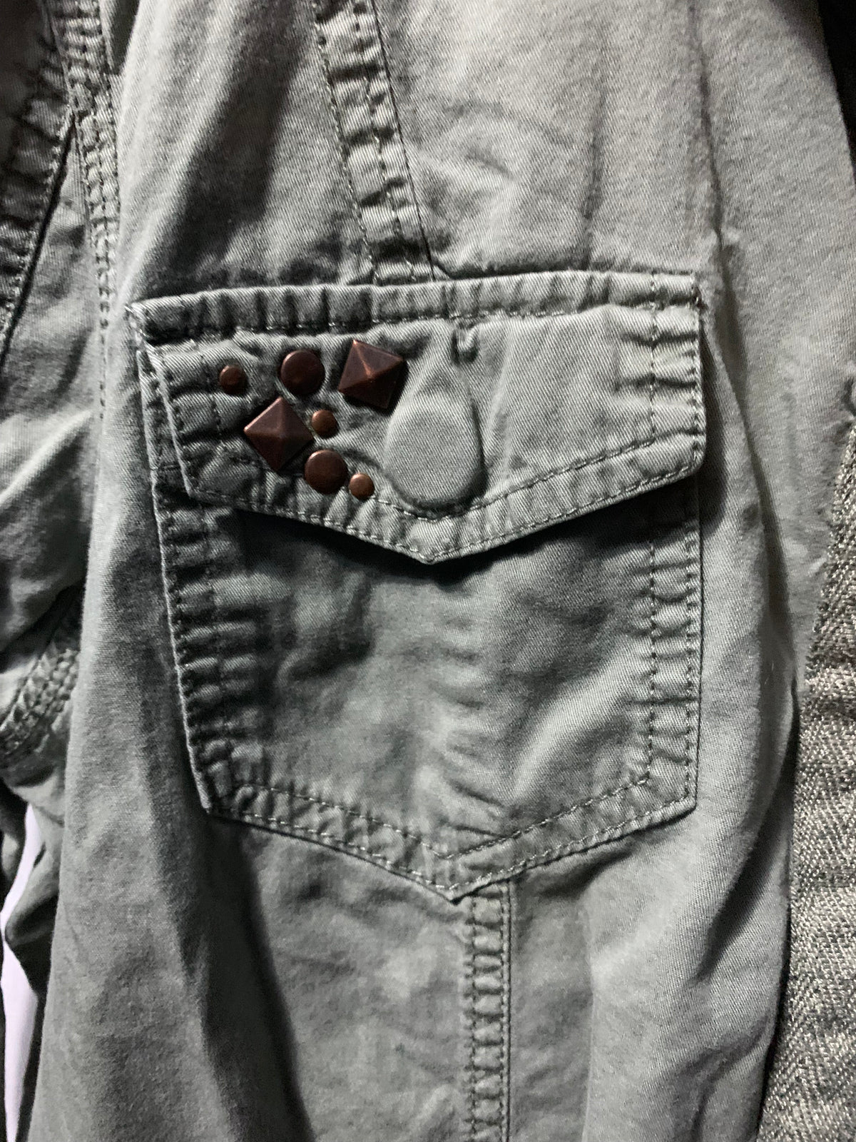 Vanity olive green jacket with brown studs on the pocket, size XL #studded