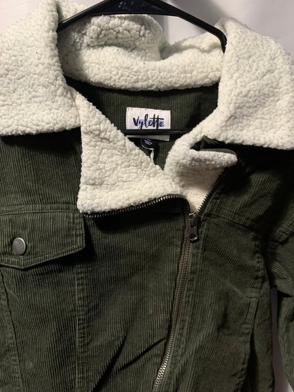 Vylette green corduroy jacket with white sherpa lining  #sherpa  #corduroy