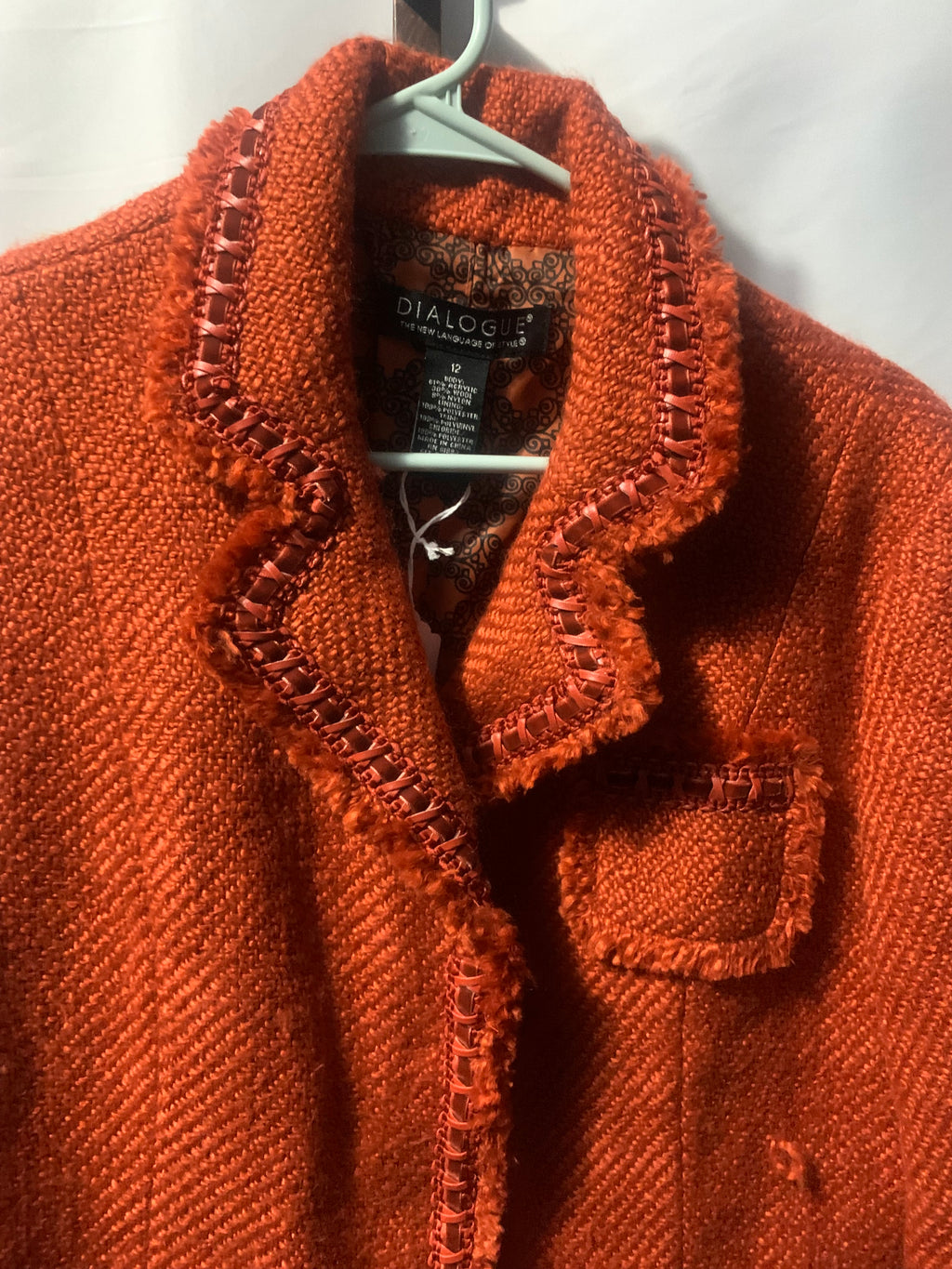 Dialogue Orange tweed jacket with fringe detail, size 12. Acrylic, nylon & polyester blend. #tweed #fringe