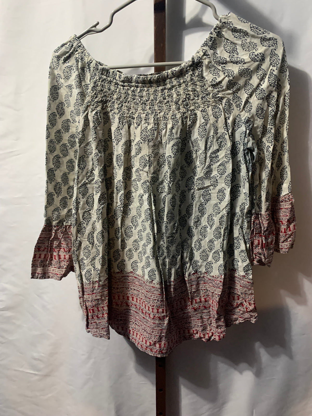 Beach Lunch Lounge Collection blouse with black paisley pattern on cream background with red patterned hem, size S/P #beachwear #paisley
