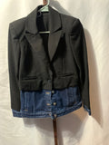 Express Tailored black single breasted blazer top, with medium-wash denim hem and cuffs, decorative front pockets.

Size XS