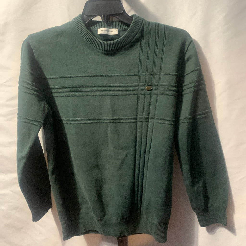 AHA Selected Green sweater with horizontal ribbed stripes, size L #preppy #knitwear