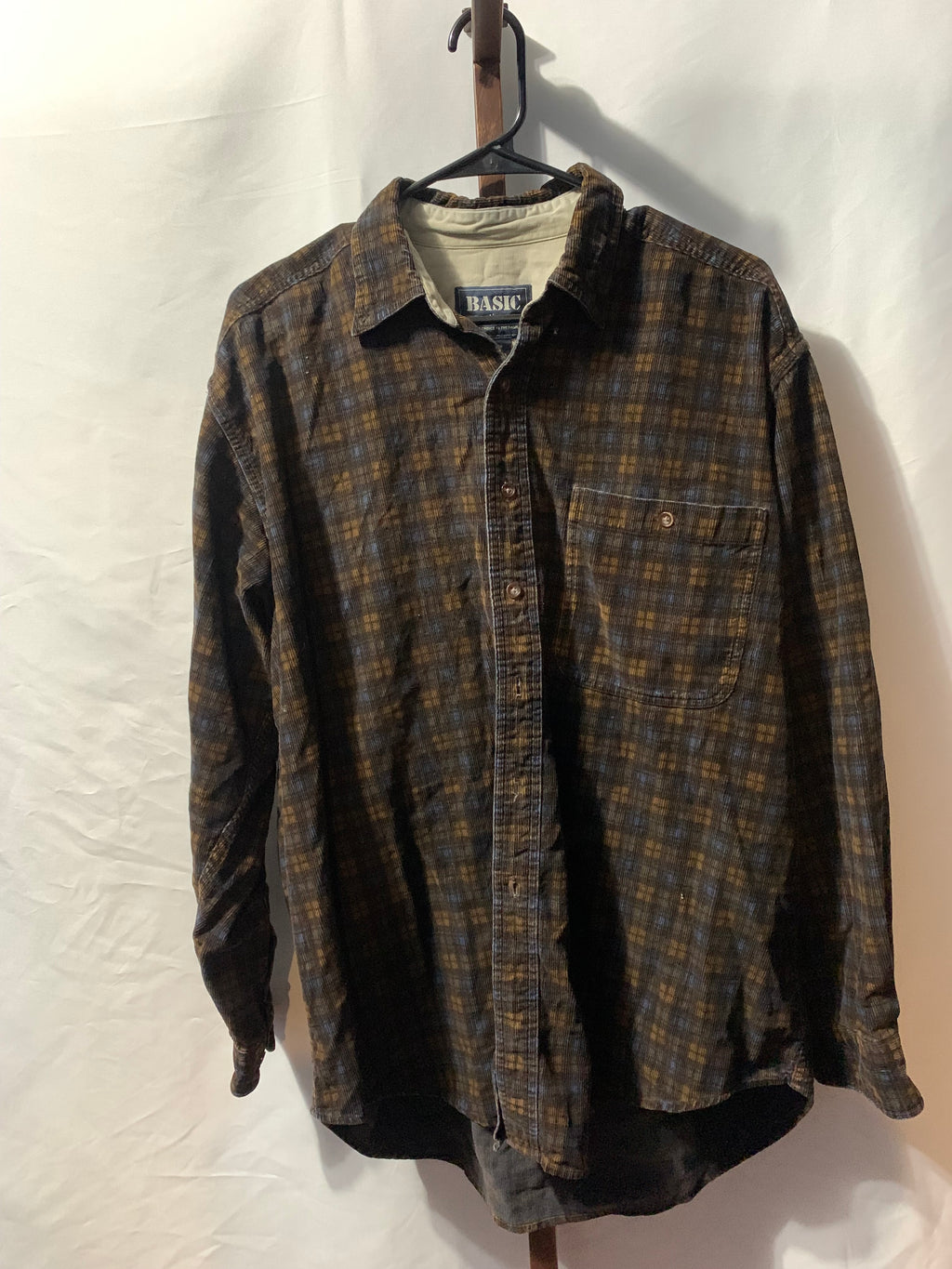 Natural Fibers Basic Options brown and beige plaid cotton flannel shirt size L #flannel #plaid