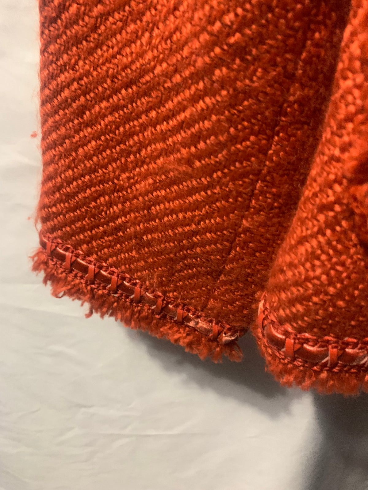 Dialogue Orange tweed jacket with fringe detail, size 12. Acrylic, nylon & polyester blend. #tweed #fringe