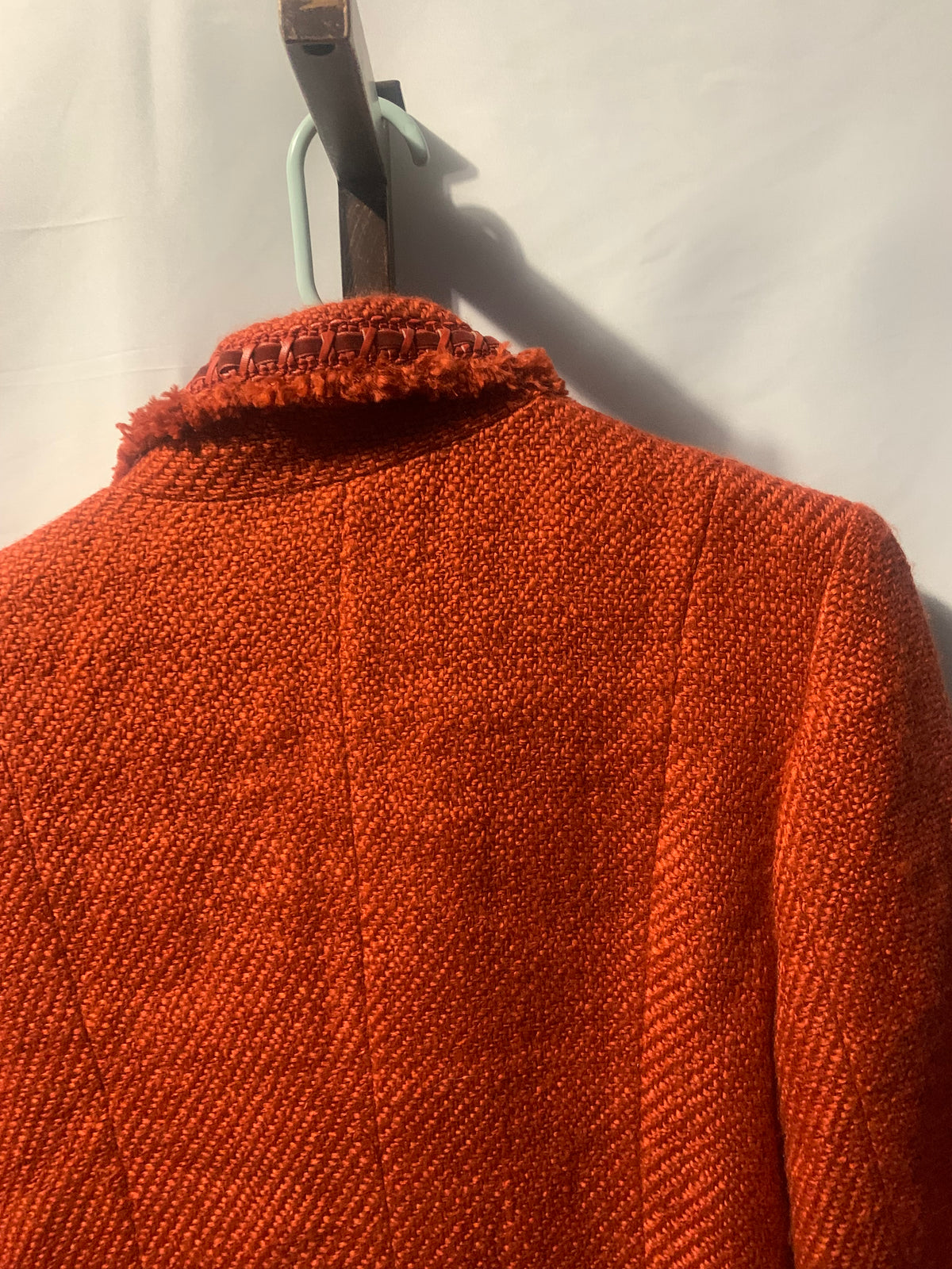 Dialogue Orange tweed jacket with fringe detail, size 12. Acrylic, nylon & polyester blend. #tweed #fringe