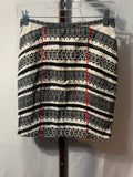 Tabitha Skirt Black and white geometric pattern with red vertical stripes.Cotton & acetate
#tabitha #geometric