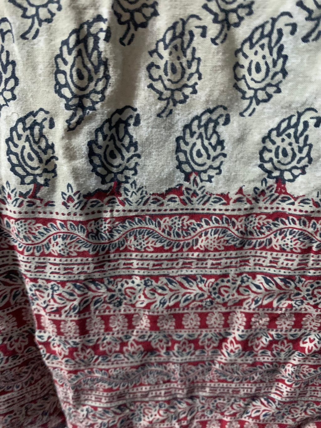 Beach Lunch Lounge Collection blouse with black paisley pattern on cream background with red patterned hem, size S/P #beachwear #paisley