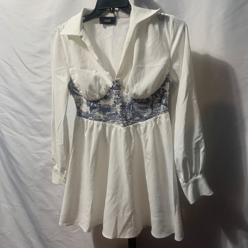 Cider White & blue floral mini dress with blue floral lace panel at the bust #floral #mini