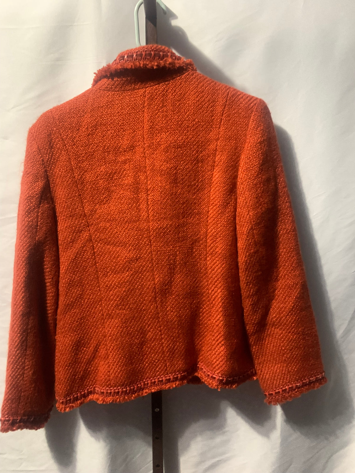 Dialogue Orange tweed jacket with fringe detail, size 12. Acrylic, nylon & polyester blend. #tweed #fringe