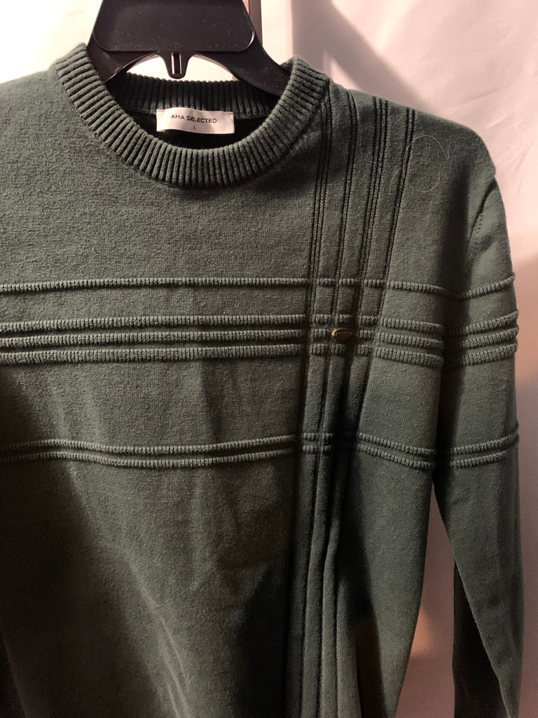 AHA Selected Green sweater with horizontal ribbed stripes, size L #preppy #knitwear