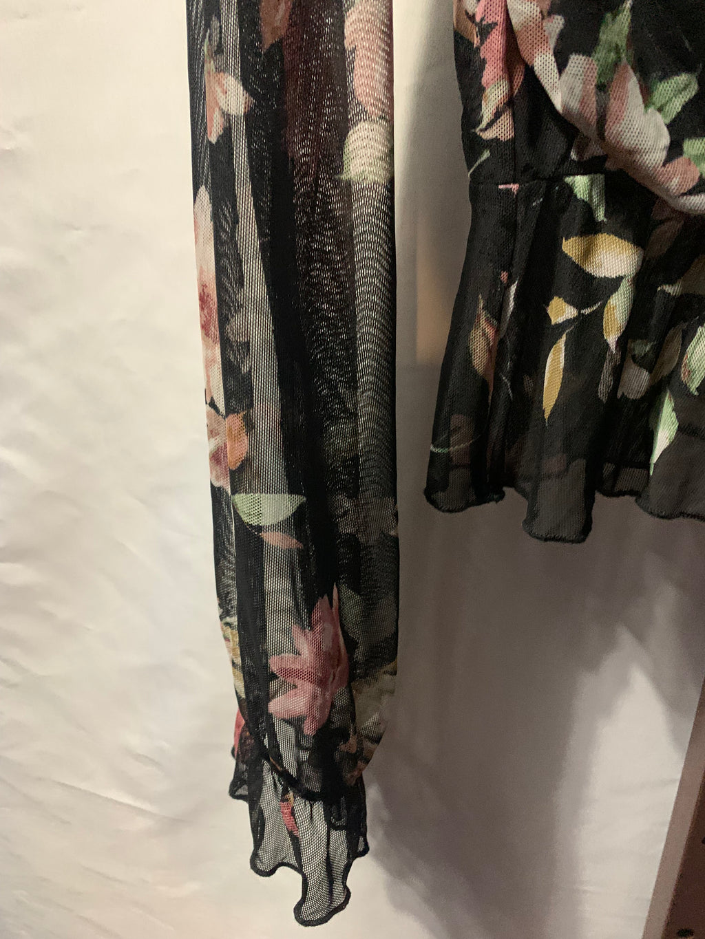 Guess black floral blouse with pink/white flowers, size M #guess #floral