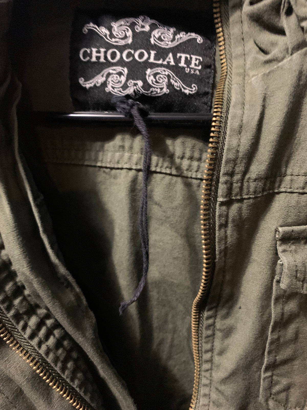 Chocolate USA olive green military jacket with adjustable waist and multiple pockets #military #utility