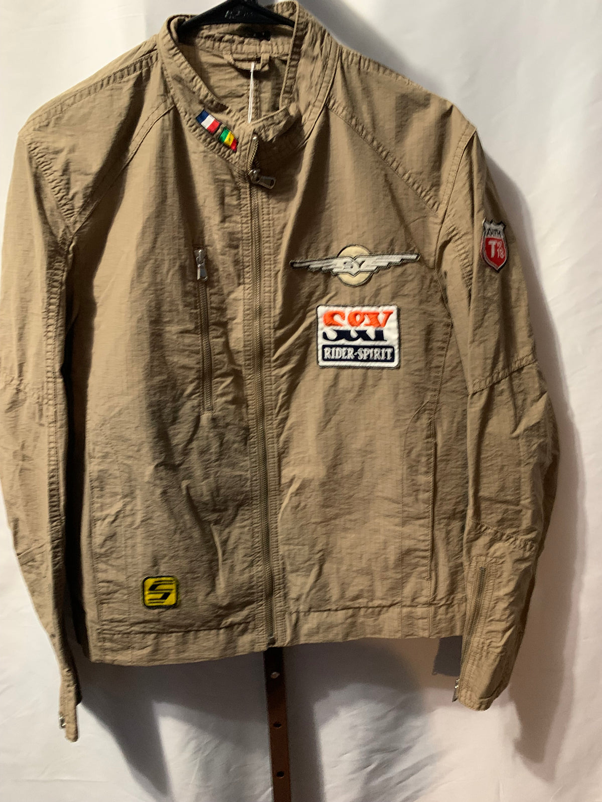 Sisley Italian Vintage Biker Jacket | Khaki Racing Patches & Embroidery